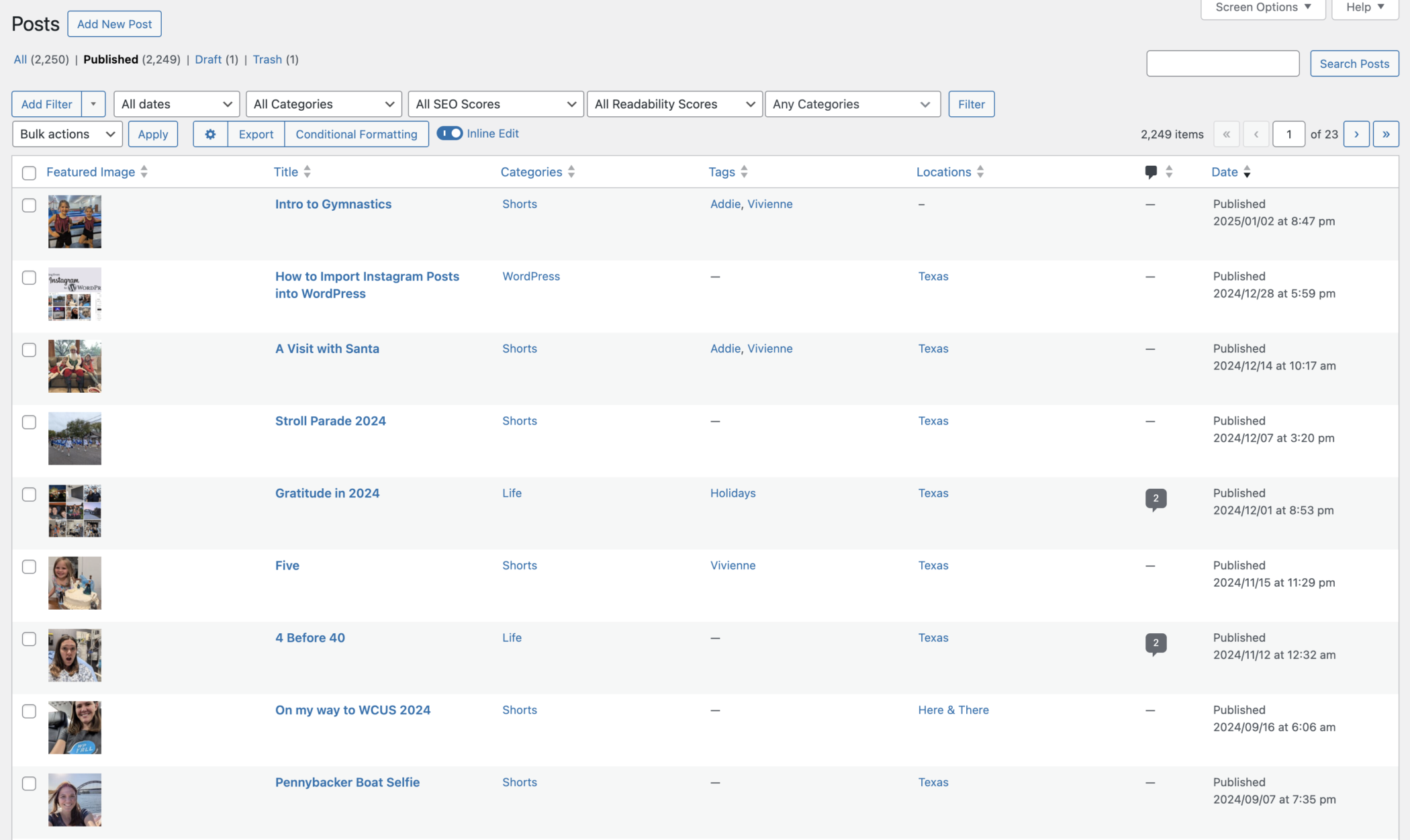 Screenshot of published posts lists in the browser.